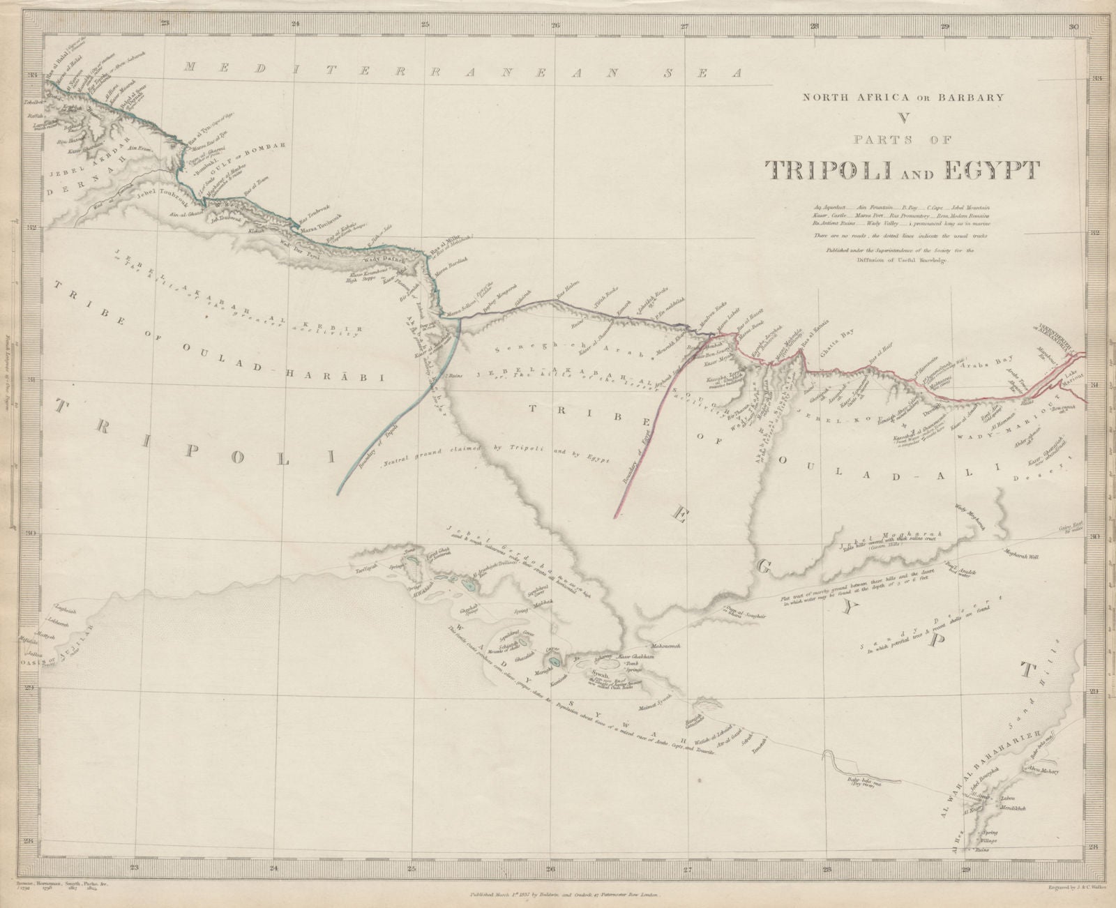 NORTH AFRICA or BARBARY. Parts of Tripoli (Libya) & Egypt. Tribes. SDUK 1844 map